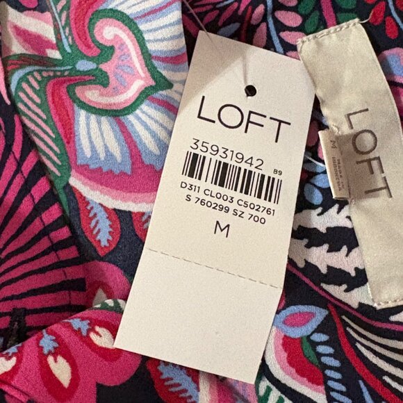 NWT New Loft Floral Emerald Essence Blouse Blouson Sleeves Crew Button Neck M - Picture 7 of 10